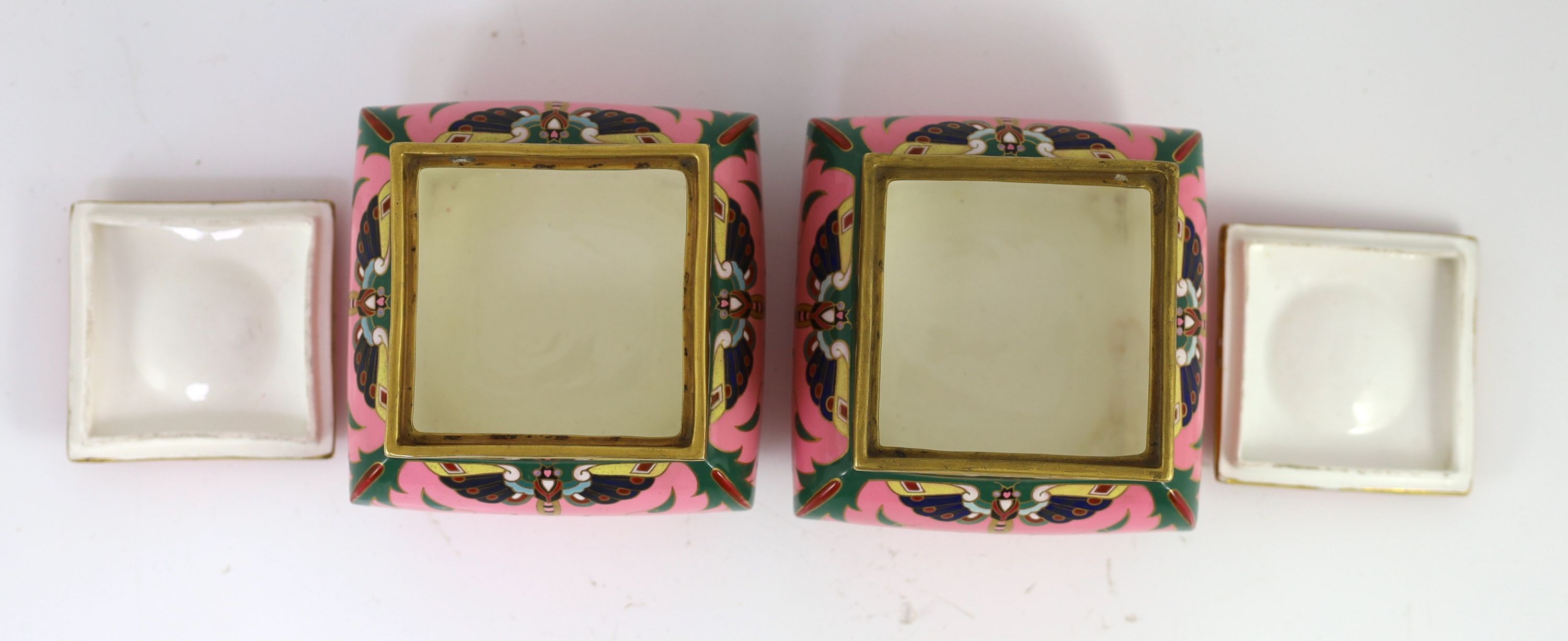 A pair of Minton pink ground square boxes and covers, c.1870, attributed to Christopher Dresser, 12cm wide